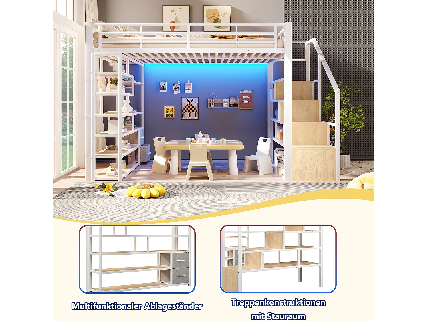Lit mezzanine 140 x 200 cm avec marches de rangement, 2 tiroirs en tissu et étagères – Métal et MDF – LED – Blanc (Sans matelas)
