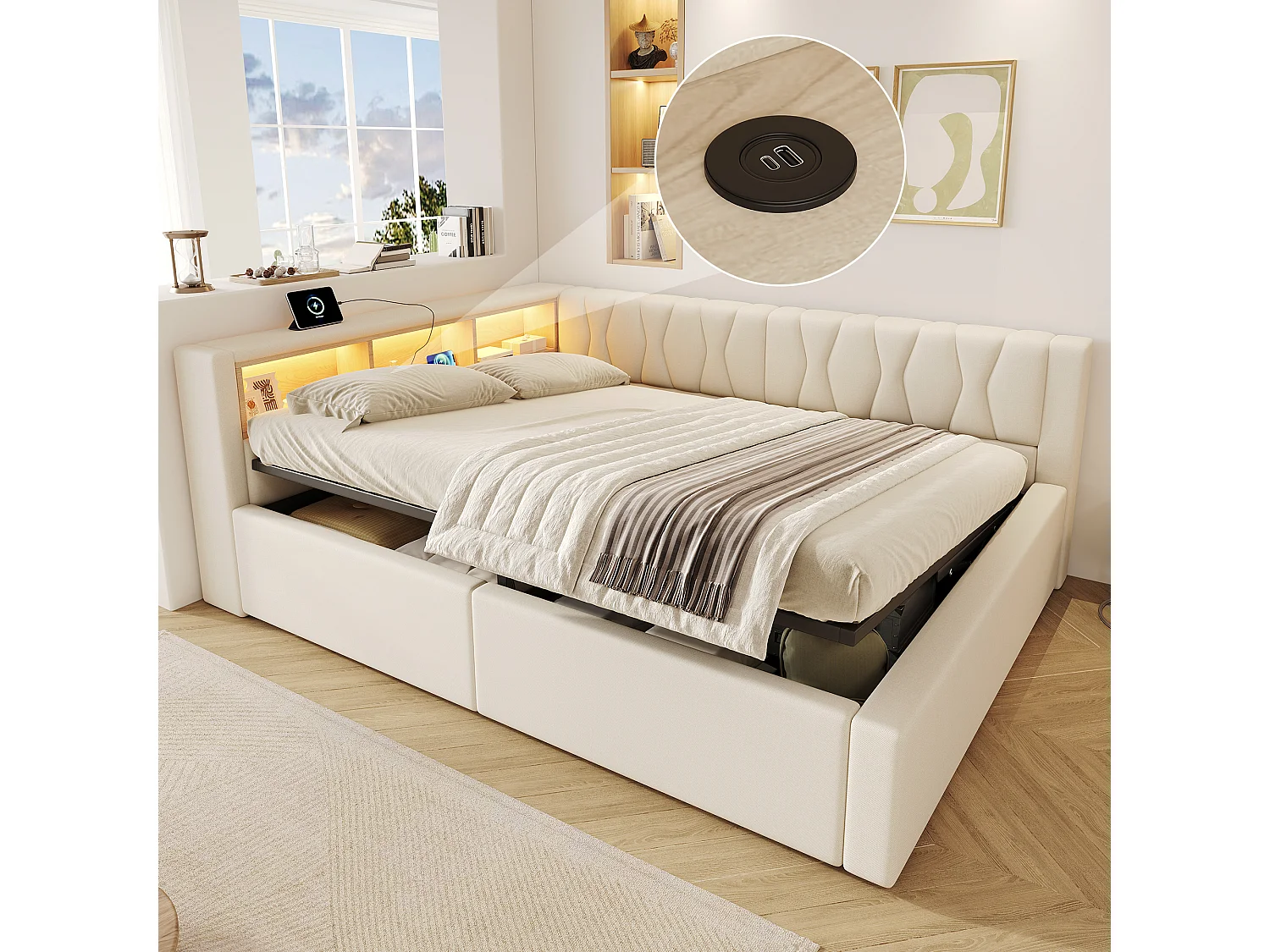 Letto contenitore 140 x 200 cm con vano contenitore idraulico, ripiani, illuminazione a LED regolabile e porta USB - Lino - Beige (Materasso non incluso)
