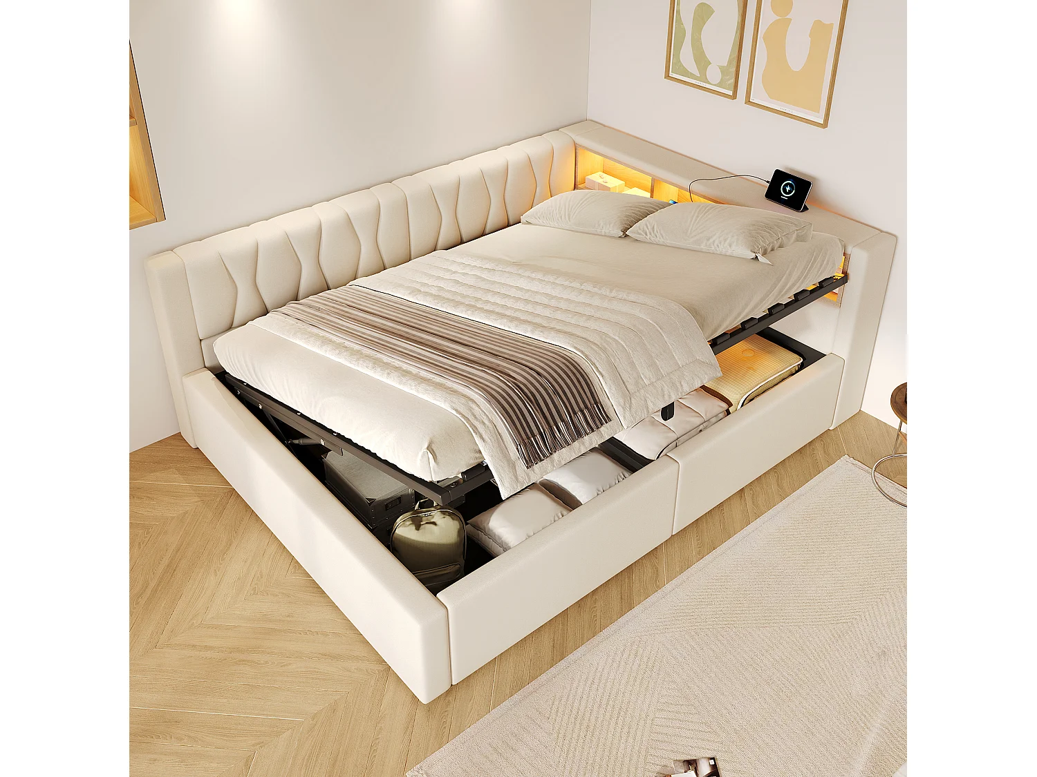 Letto contenitore 140 x 200 cm con vano contenitore idraulico, ripiani, illuminazione a LED regolabile e porta USB - Lino - Beige (Materasso non incluso)