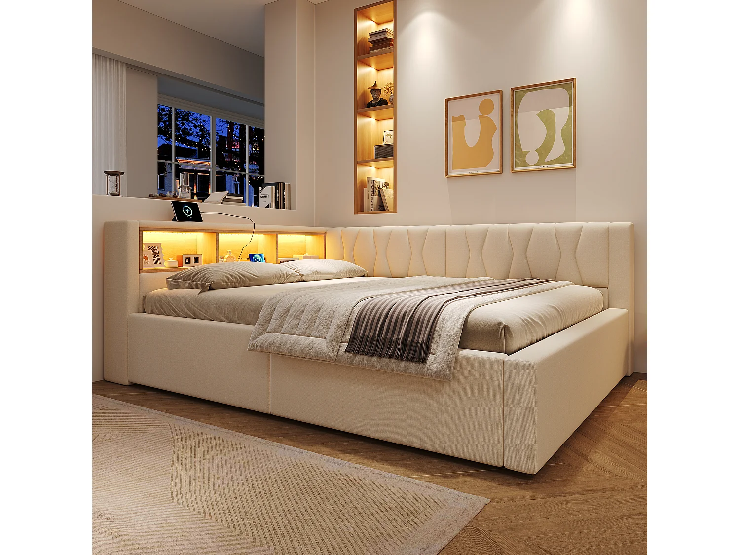Letto contenitore 140 x 200 cm con vano contenitore idraulico, ripiani, illuminazione a LED regolabile e porta USB - Lino - Beige (Materasso non incluso)