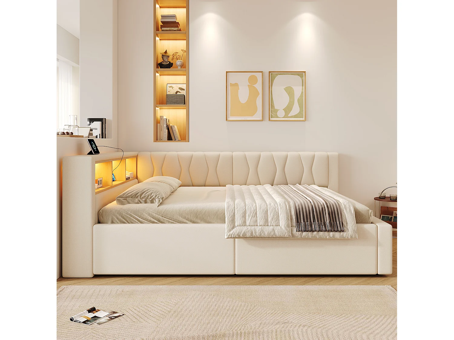Letto contenitore 140 x 200 cm con vano contenitore idraulico, ripiani, illuminazione a LED regolabile e porta USB - Lino - Beige (Materasso non incluso)