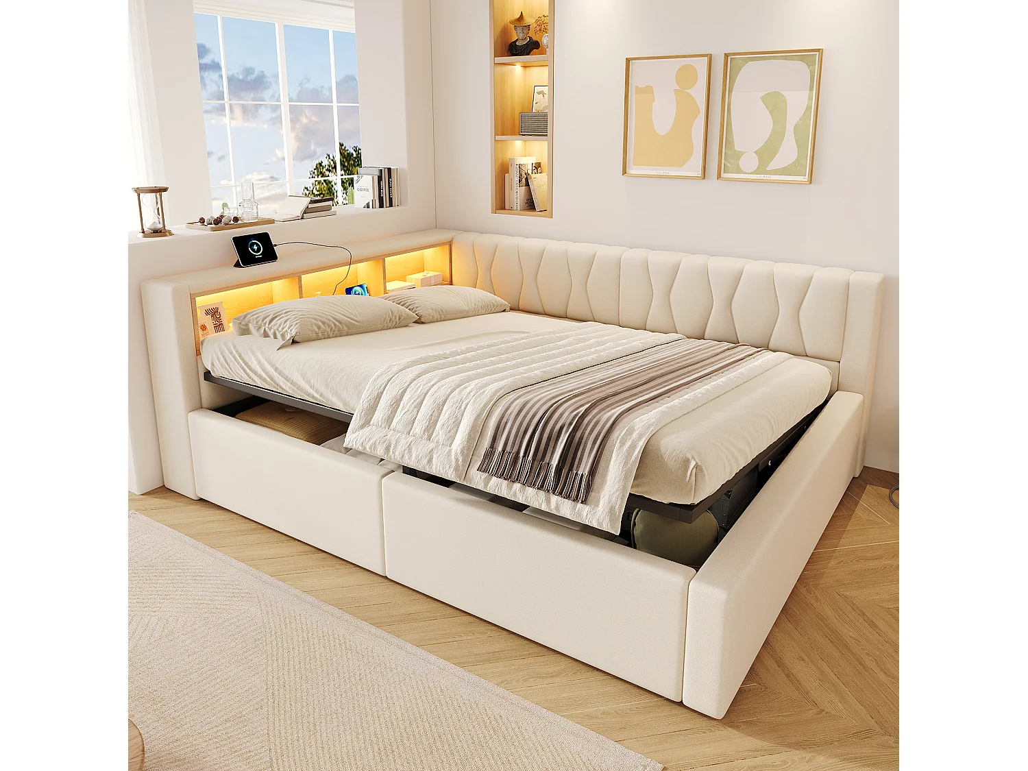 Letto contenitore 140 x 200 cm con vano contenitore idraulico, ripiani, illuminazione a LED regolabile e porta USB - Lino - Beige (Materasso non incluso)