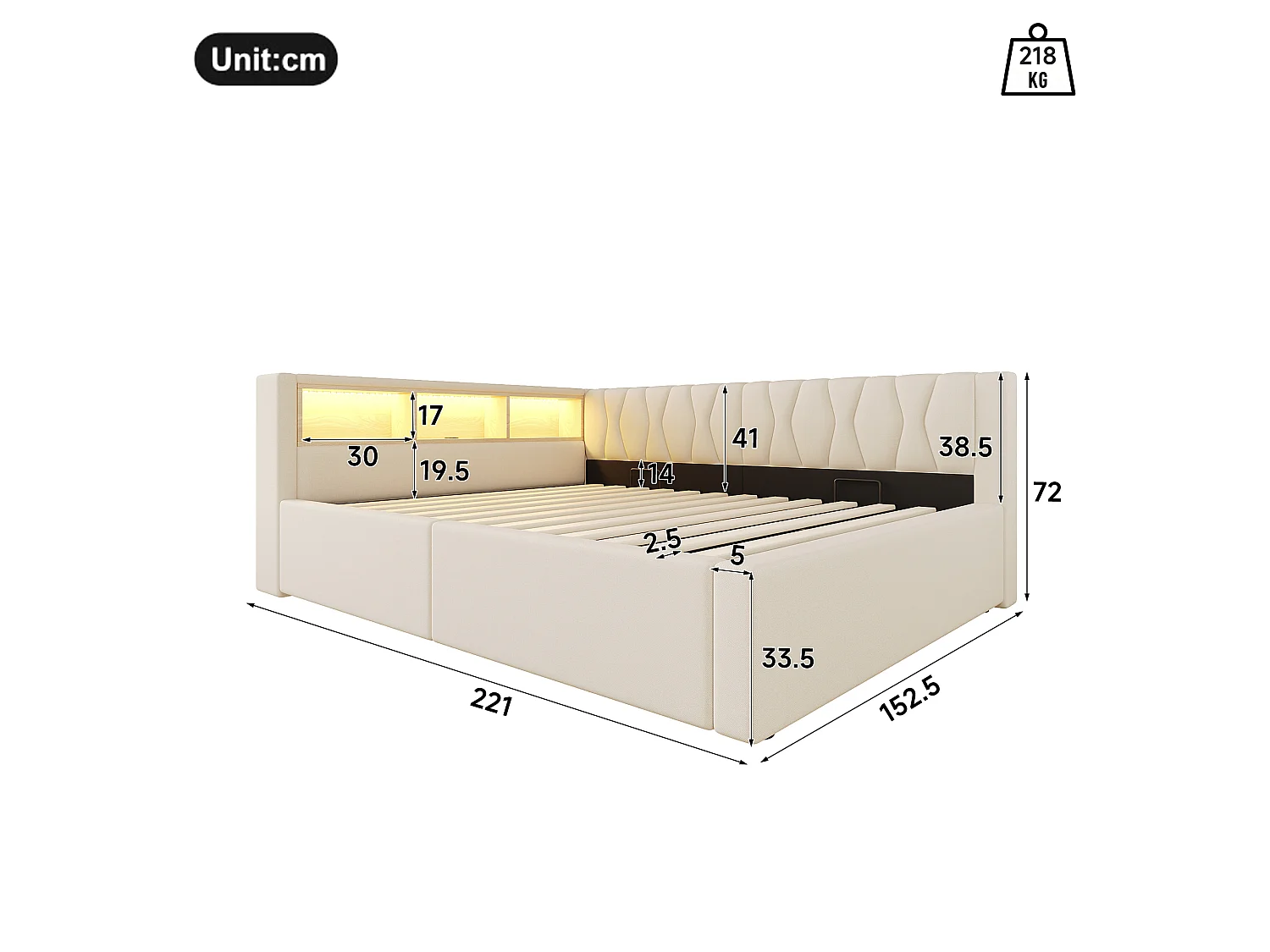 Letto contenitore 140 x 200 cm con vano contenitore idraulico, ripiani, illuminazione a LED regolabile e porta USB - Lino - Beige (Materasso non incluso)