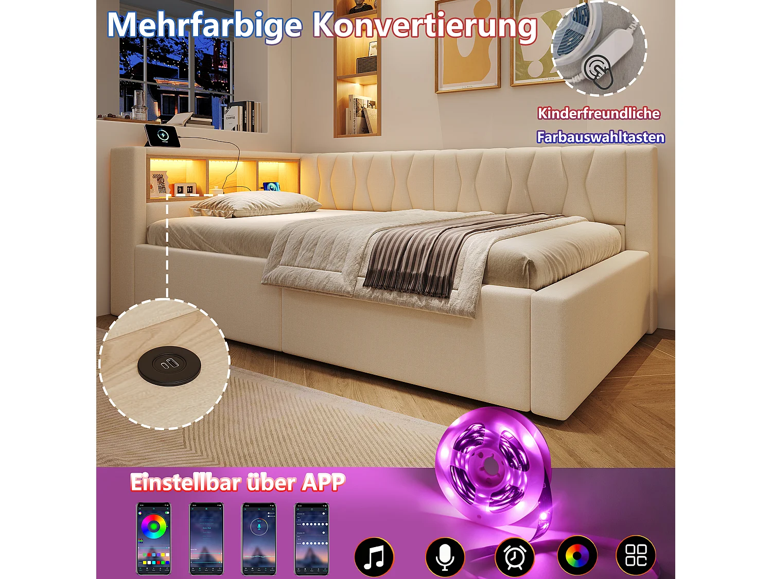 Letto contenitore 140 x 200 cm con vano contenitore idraulico, ripiani, illuminazione a LED regolabile e porta USB - Lino - Beige (Materasso non incluso)