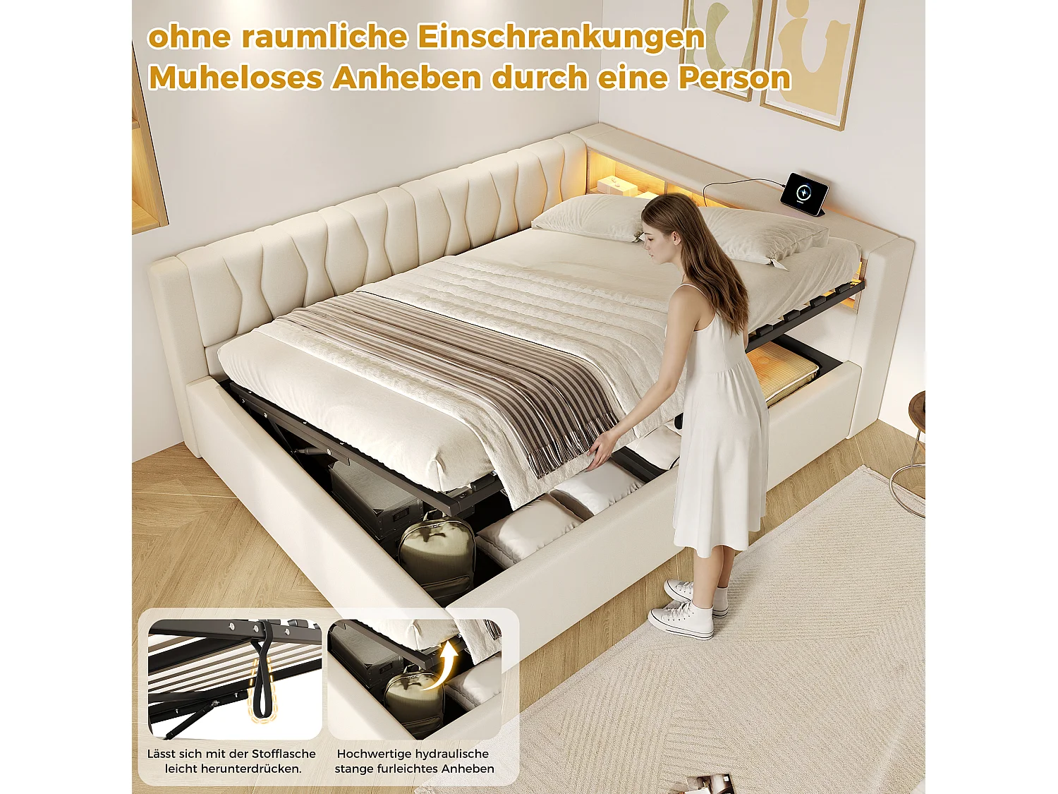 Letto contenitore 140 x 200 cm con vano contenitore idraulico, ripiani, illuminazione a LED regolabile e porta USB - Lino - Beige (Materasso non incluso)