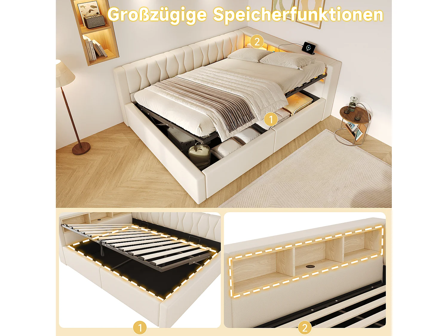 Letto contenitore 140 x 200 cm con vano contenitore idraulico, ripiani, illuminazione a LED regolabile e porta USB - Lino - Beige (Materasso non incluso)