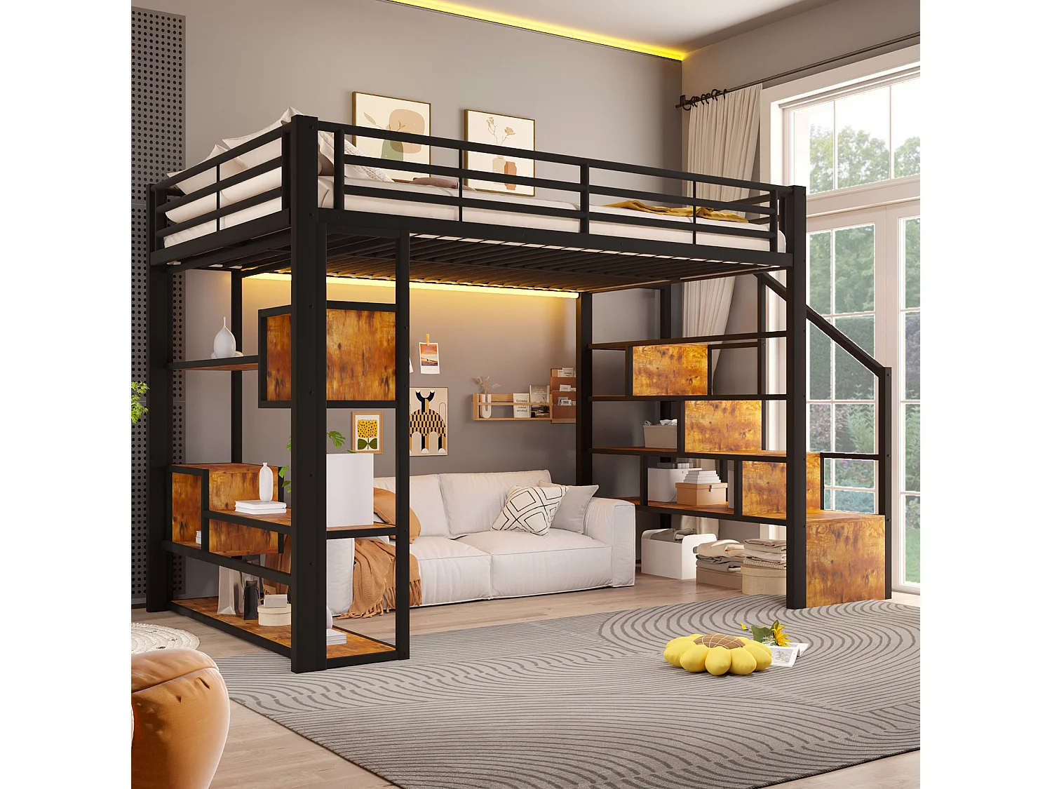Hochbett 140 x 200 cm mit Stauraumtreppe, offenen Regalen unter dem Bett – Metall und MDF – LED – Schwarz (Matratze nicht im Lieferumfang enthalten)