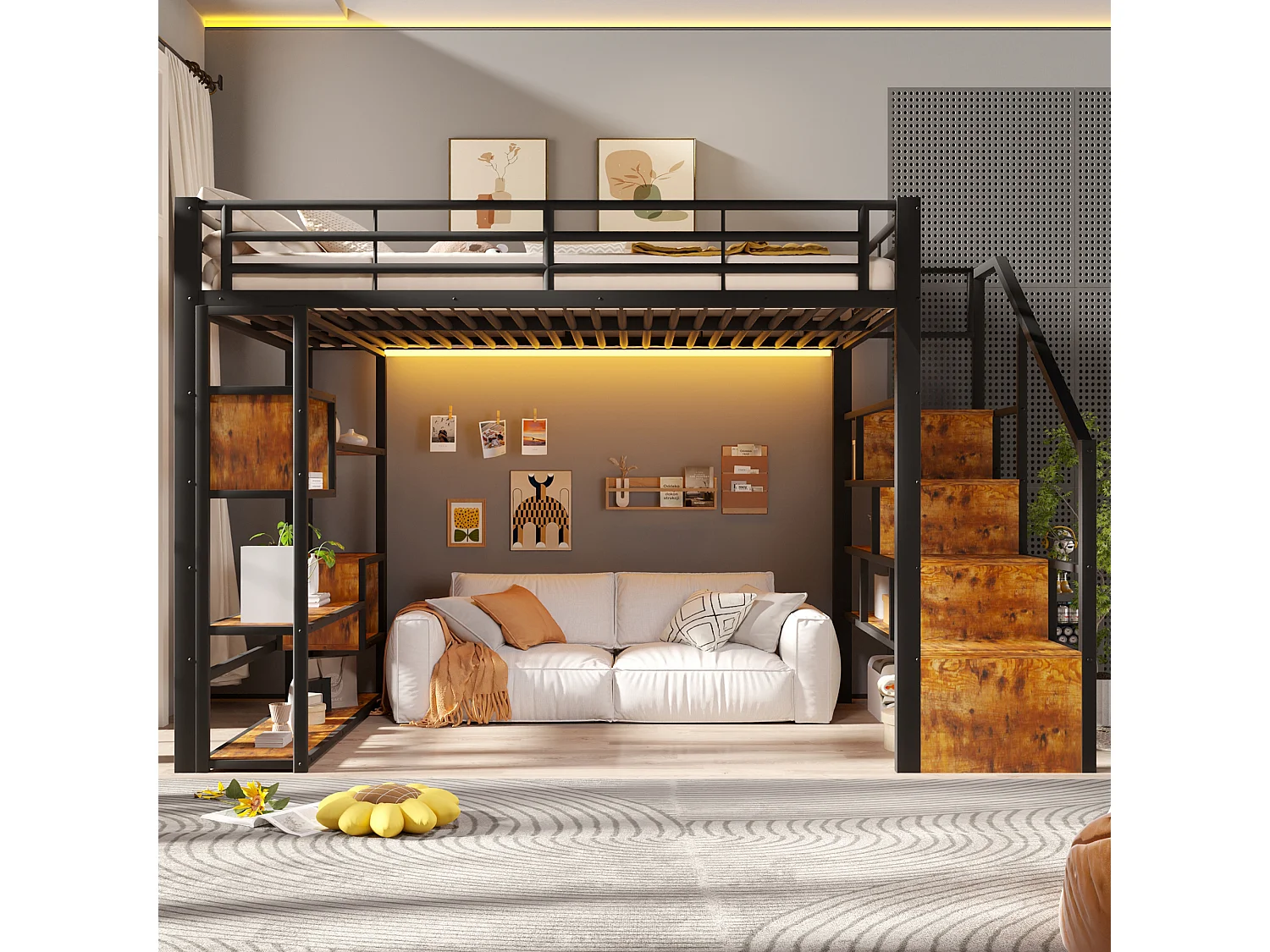 Hochbett 140 x 200 cm mit Stauraumtreppe, offenen Regalen unter dem Bett – Metall und MDF – LED – Schwarz (Matratze nicht im Lieferumfang enthalten)