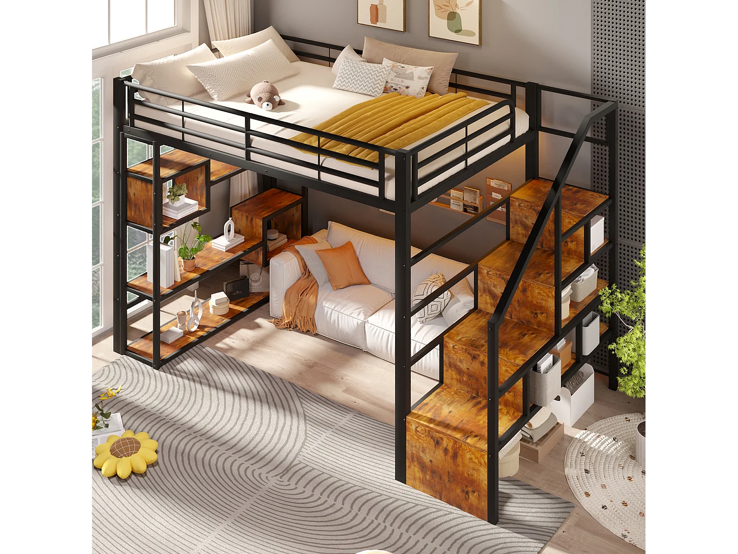 Hochbett 140 x 200 cm mit Stauraumtreppe, offenen Regalen unter dem Bett – Metall und MDF – LED – Schwarz (Matratze nicht im Lieferumfang enthalten)