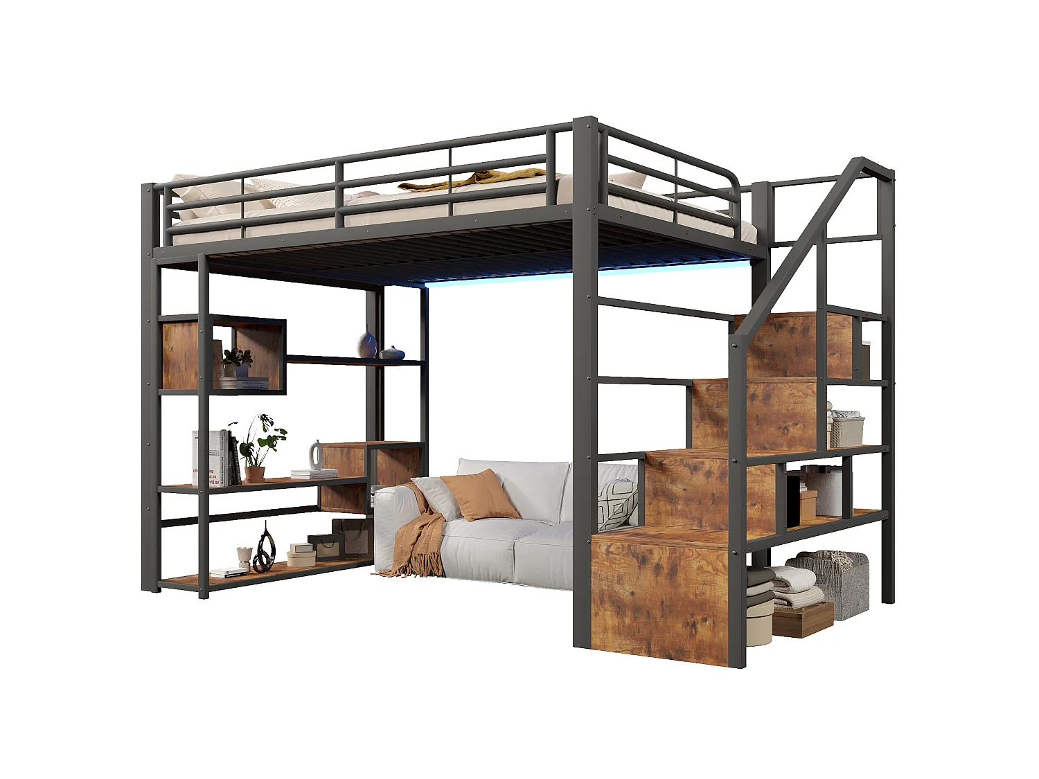 Hochbett 140 x 200 cm mit Stauraumtreppe, offenen Regalen unter dem Bett – Metall und MDF – LED – Schwarz (Matratze nicht im Lieferumfang enthalten)
