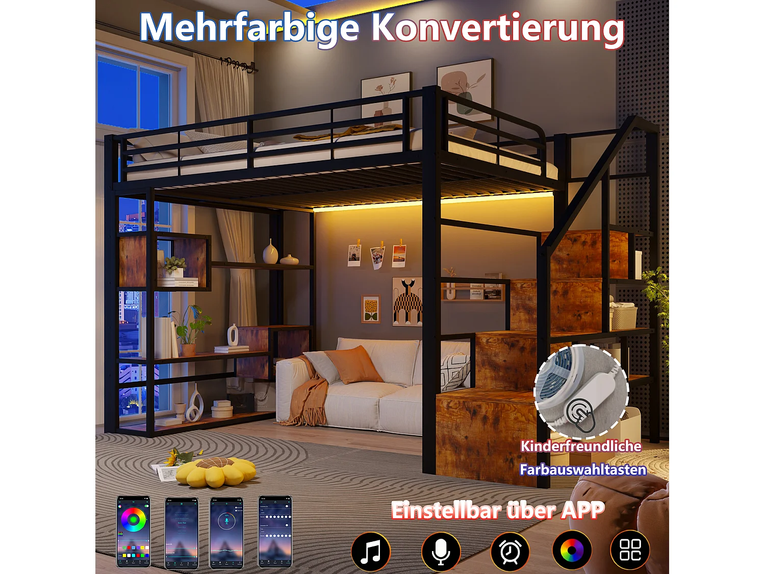 Hochbett 140 x 200 cm mit Stauraumtreppe, offenen Regalen unter dem Bett – Metall und MDF – LED – Schwarz (Matratze nicht im Lieferumfang enthalten)