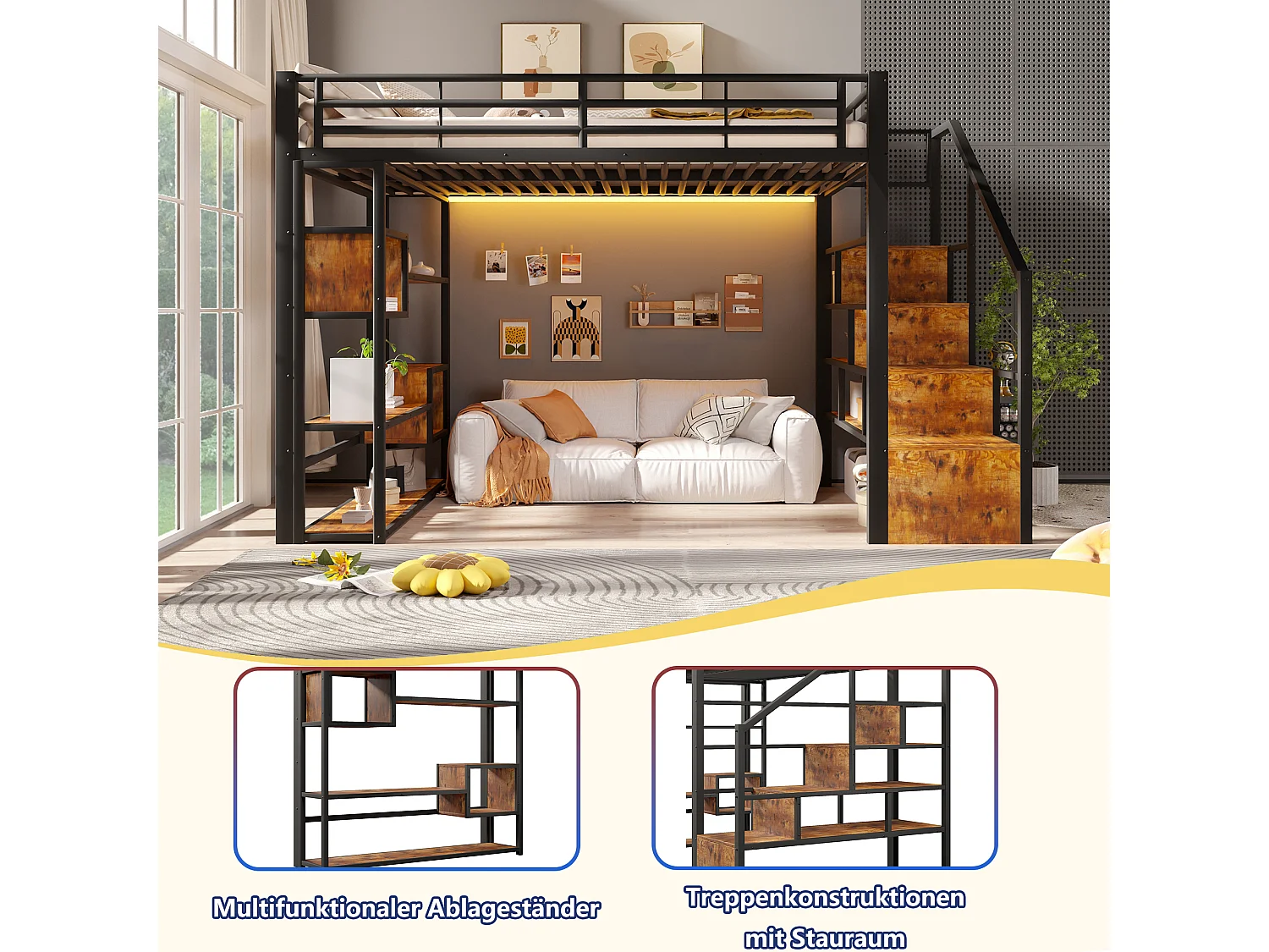 Hochbett 140 x 200 cm mit Stauraumtreppe, offenen Regalen unter dem Bett – Metall und MDF – LED – Schwarz (Matratze nicht im Lieferumfang enthalten)