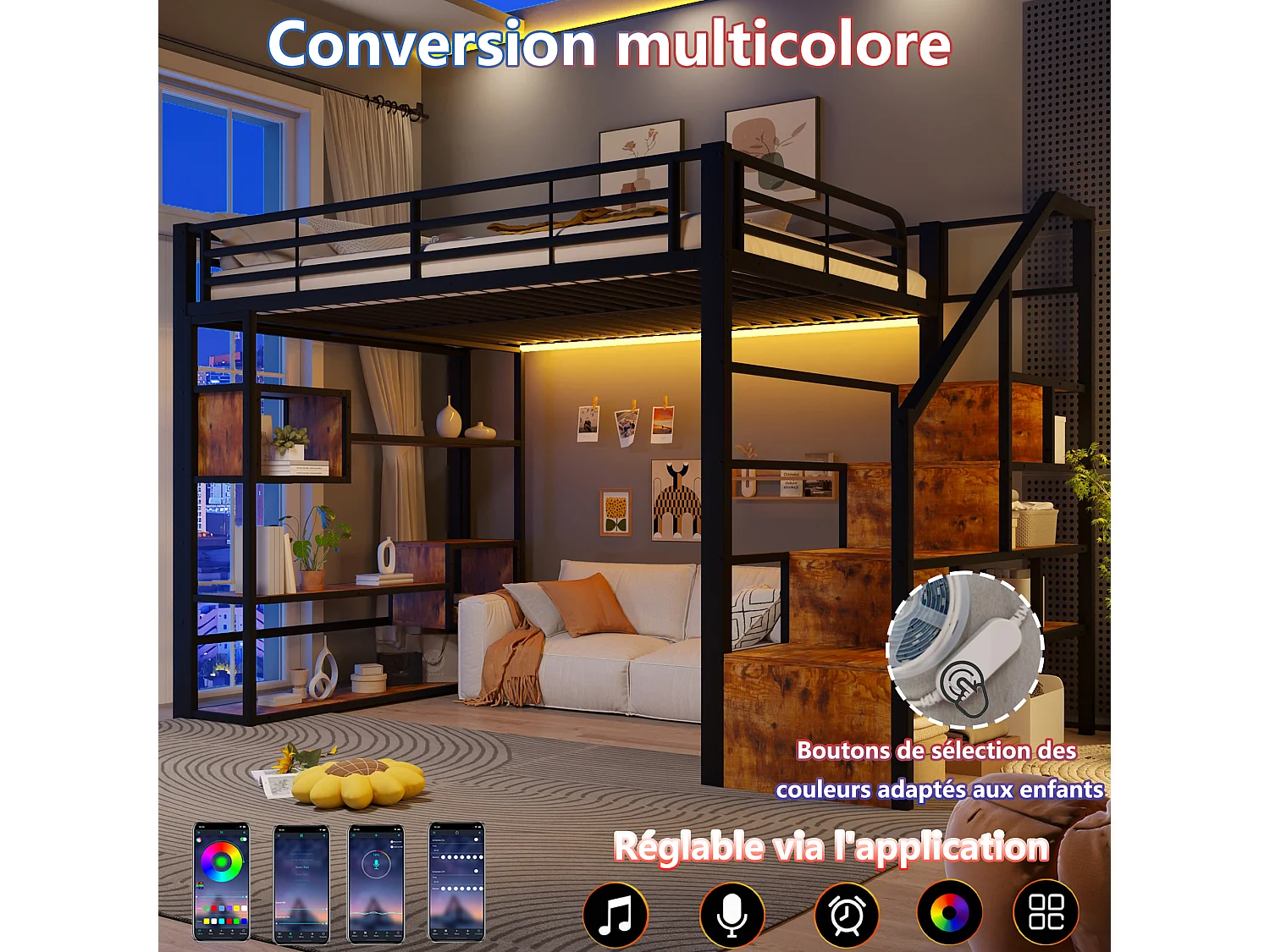 Hochbett 140 x 200 cm mit Stauraumtreppe, offenen Regalen unter dem Bett – Metall und MDF – LED – Schwarz (Matratze nicht im Lieferumfang enthalten)