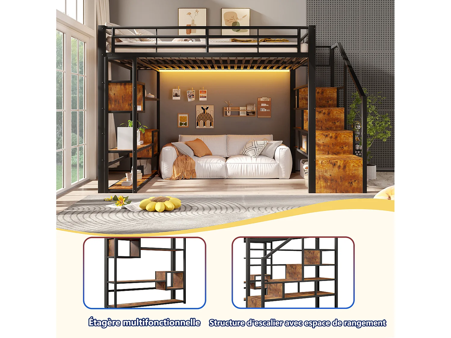 Hochbett 140 x 200 cm mit Stauraumtreppe, offenen Regalen unter dem Bett – Metall und MDF – LED – Schwarz (Matratze nicht im Lieferumfang enthalten)