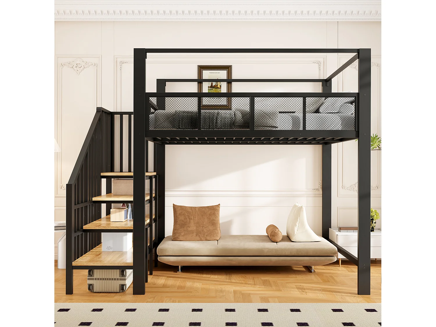 Lit mezzanine 140 x 200 cm avec escalier de rangement et barrière de sécurité - Métal + MDF - Noir (Sans matelas)
