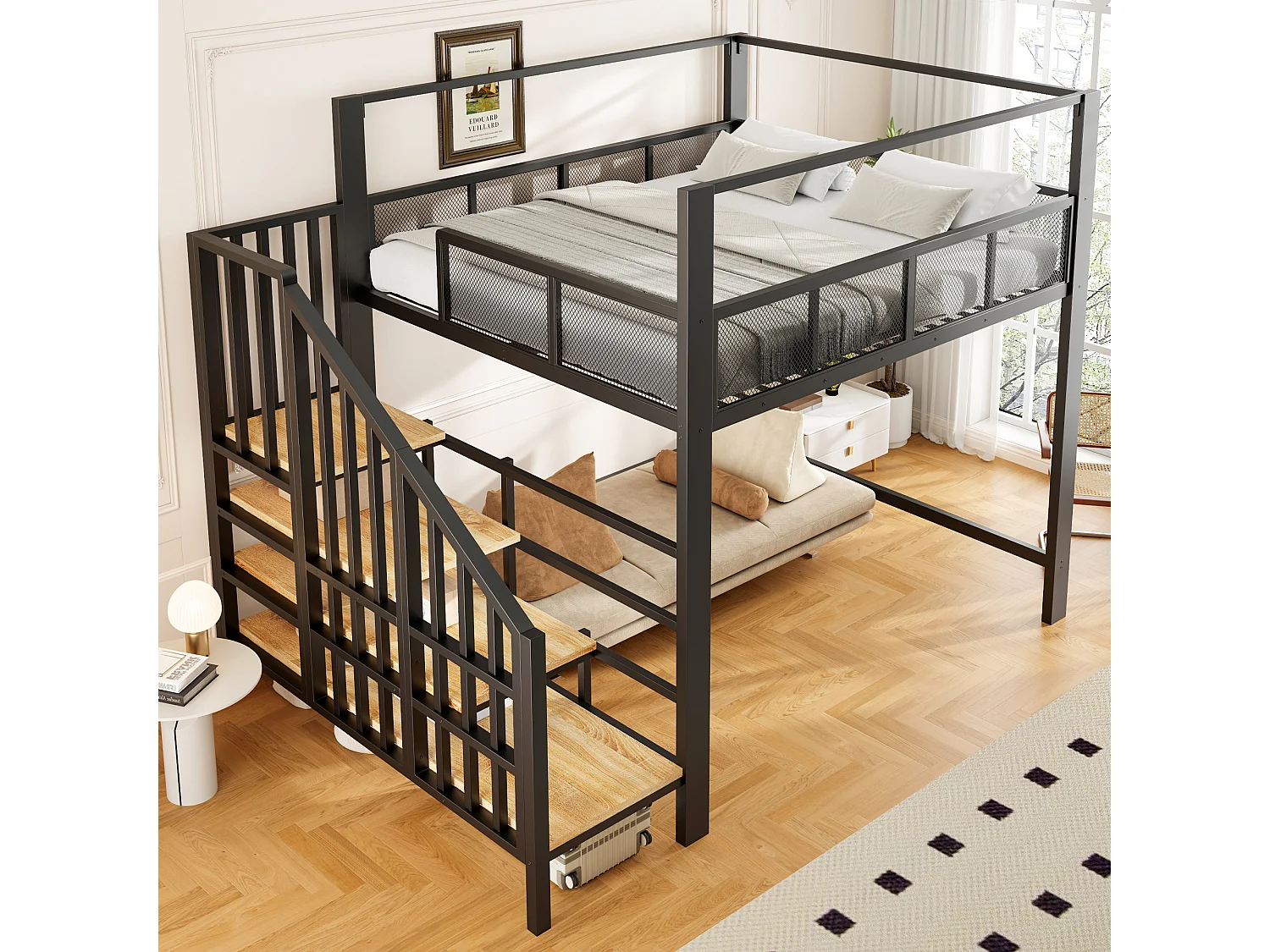 Lit mezzanine 140 x 200 cm avec escalier de rangement et barrière de sécurité - Métal + MDF - Noir (Sans matelas)
