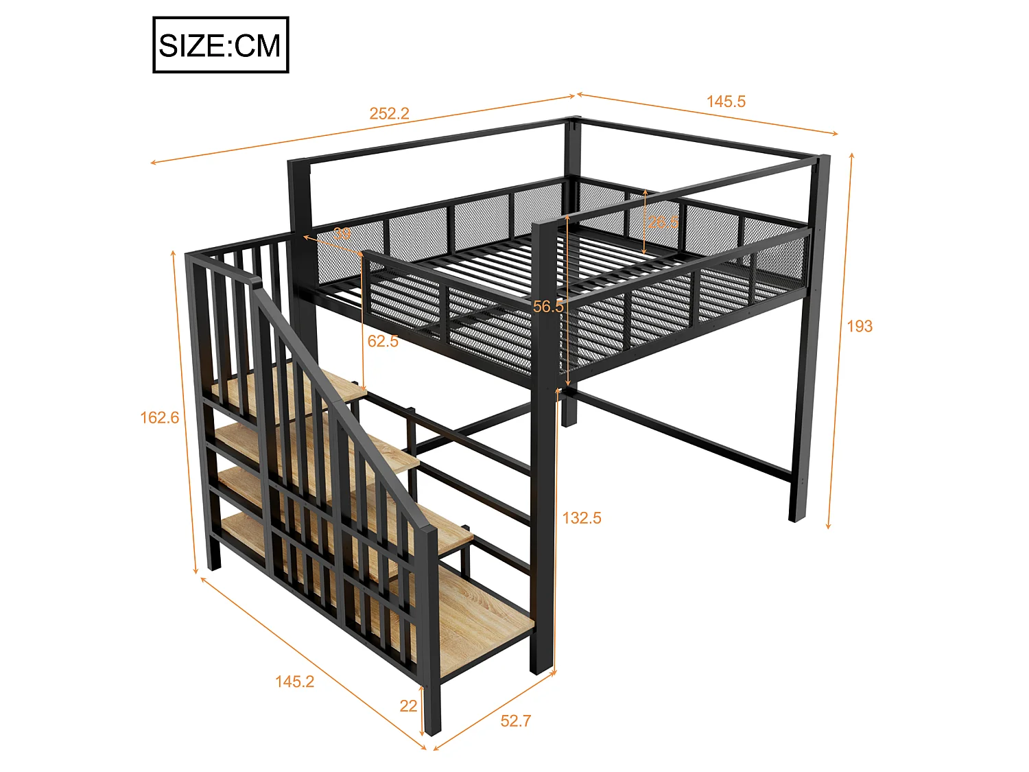 Lit mezzanine 140 x 200 cm avec escalier de rangement et barrière de sécurité - Métal + MDF - Noir (Sans matelas)