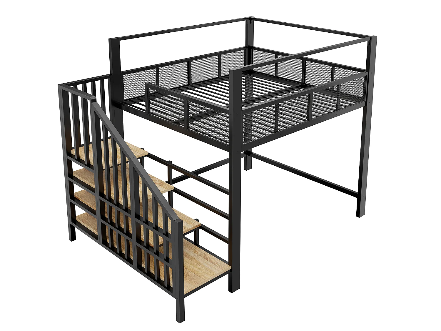 Lit mezzanine 140 x 200 cm avec escalier de rangement et barrière de sécurité - Métal + MDF - Noir (Sans matelas)