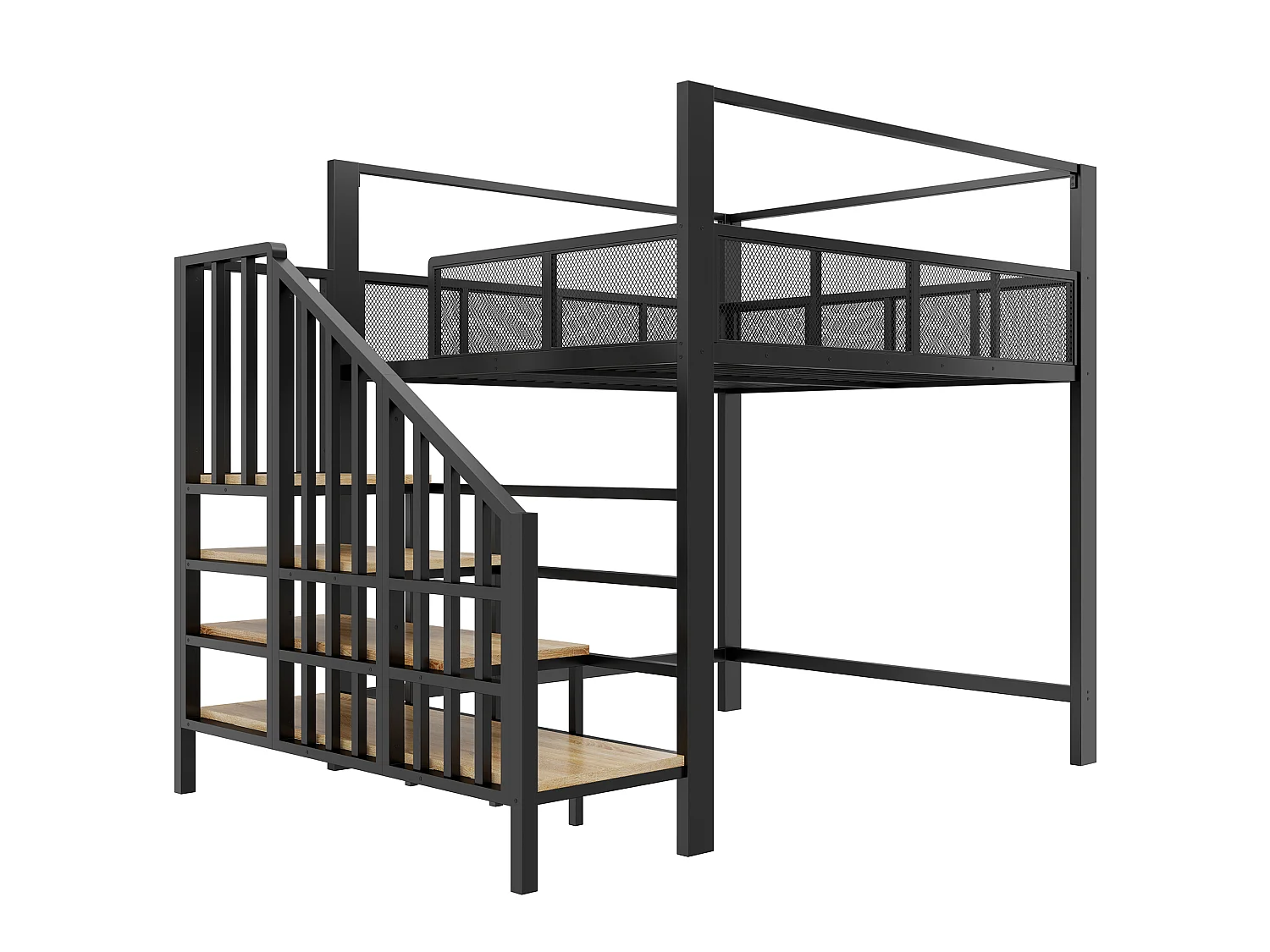 Lit mezzanine 140 x 200 cm avec escalier de rangement et barrière de sécurité - Métal + MDF - Noir (Sans matelas)