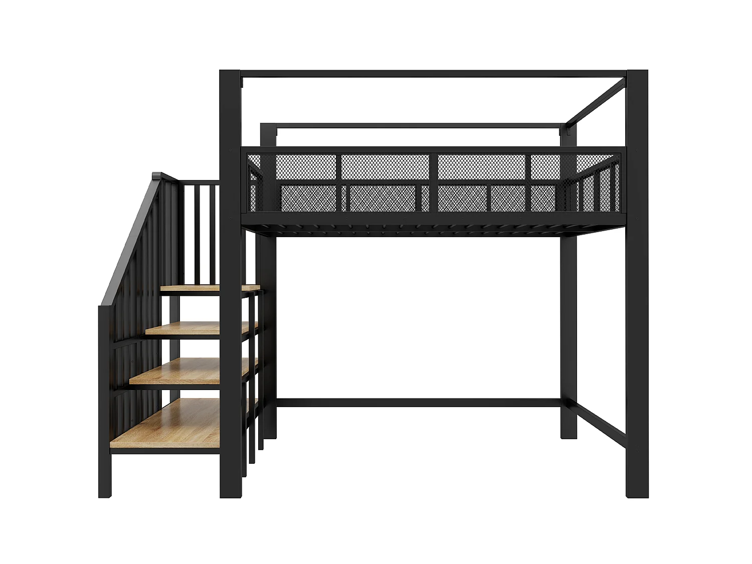 Lit mezzanine 140 x 200 cm avec escalier de rangement et barrière de sécurité - Métal + MDF - Noir (Sans matelas)