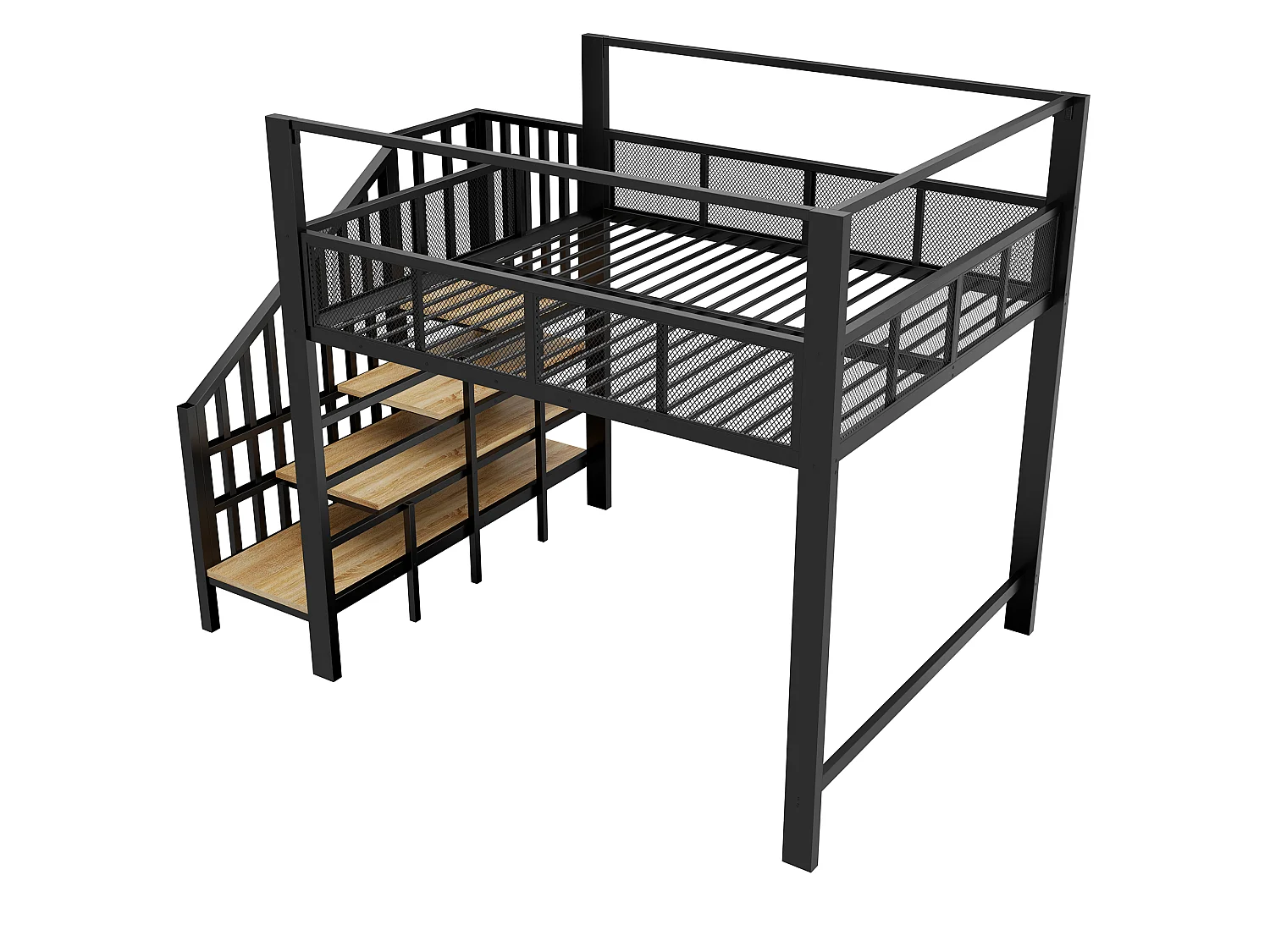 Lit mezzanine 140 x 200 cm avec escalier de rangement et barrière de sécurité - Métal + MDF - Noir (Sans matelas)