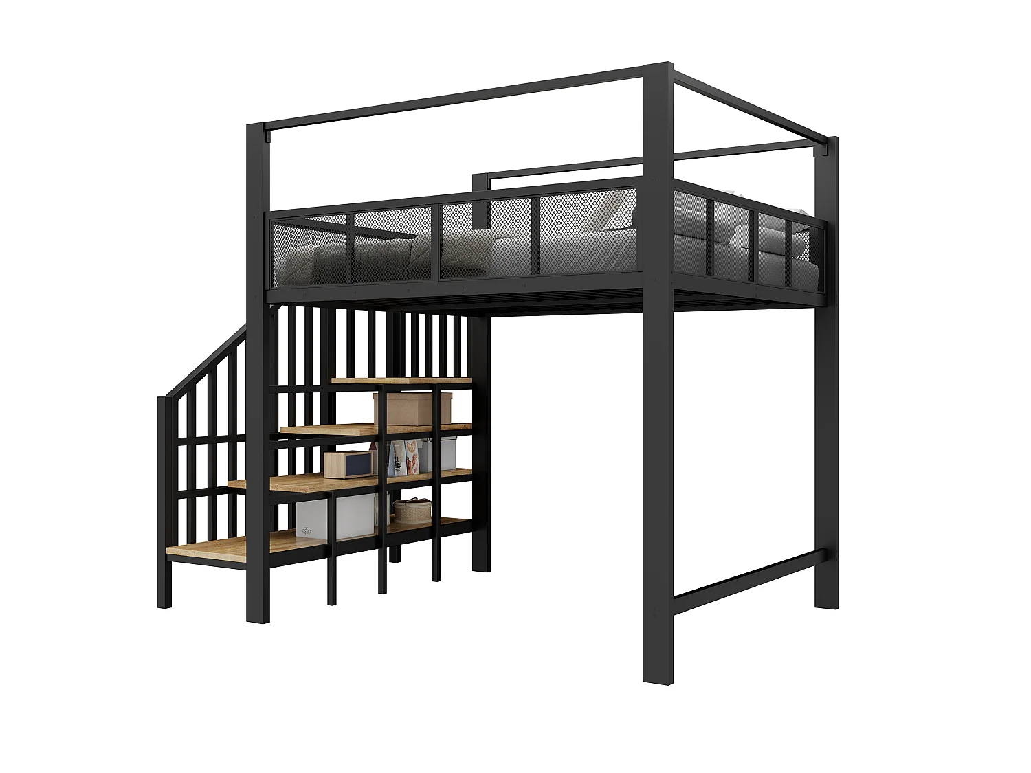 Lit mezzanine 140 x 200 cm avec escalier de rangement et barrière de sécurité - Métal + MDF - Noir (Sans matelas)