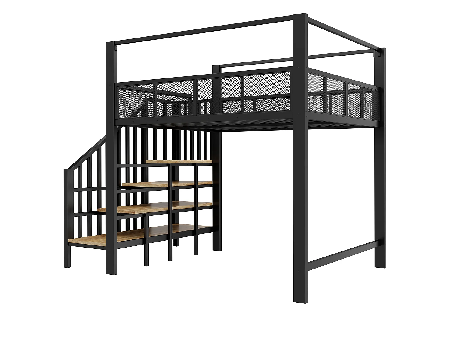 Lit mezzanine 140 x 200 cm avec escalier de rangement et barrière de sécurité - Métal + MDF - Noir (Sans matelas)