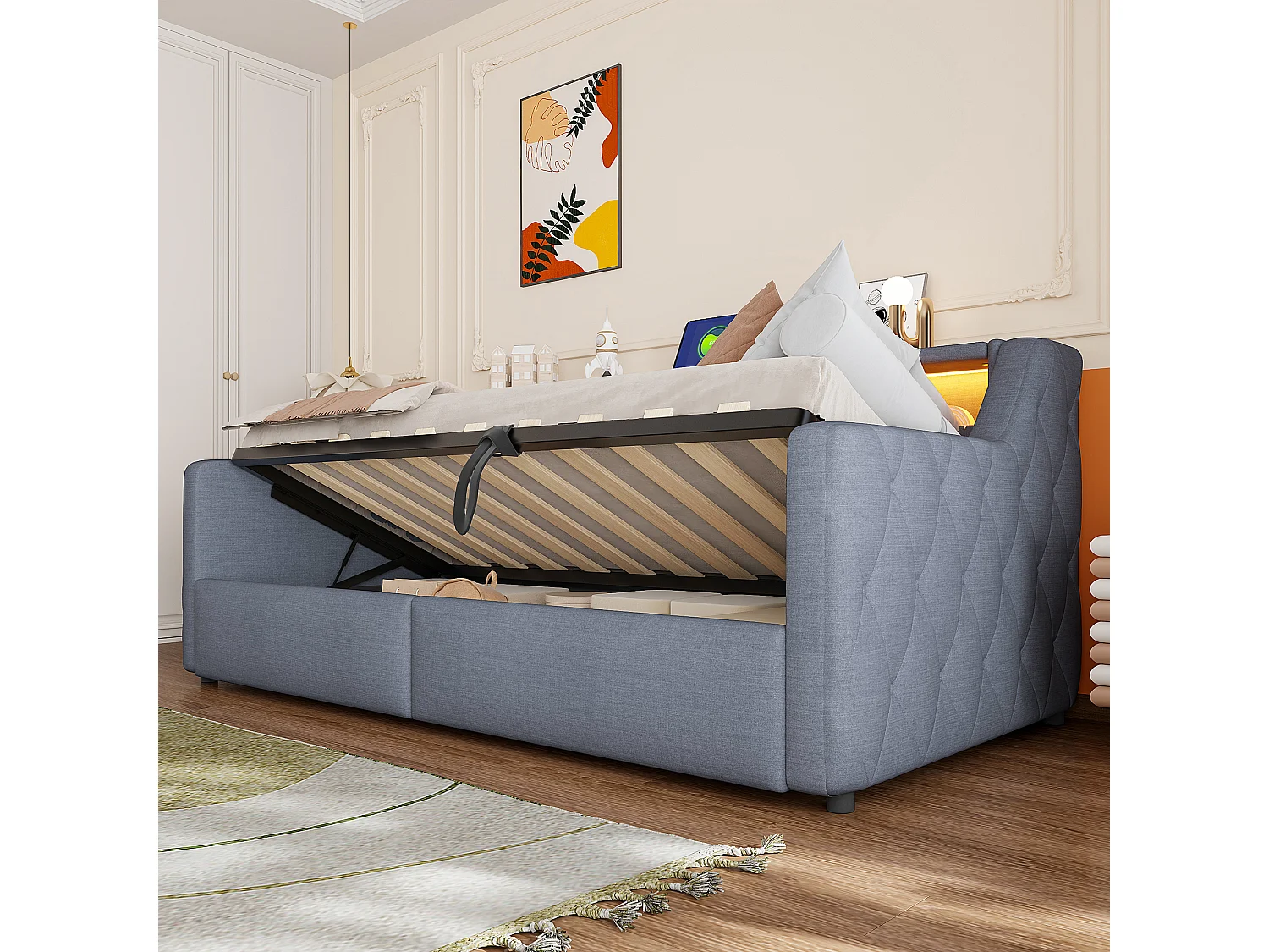 90 x 200 cm storage bed with hydraulic storage, LED lighting and USB & Type-C ports - Linen + MDF - Grey (Mattress not included)