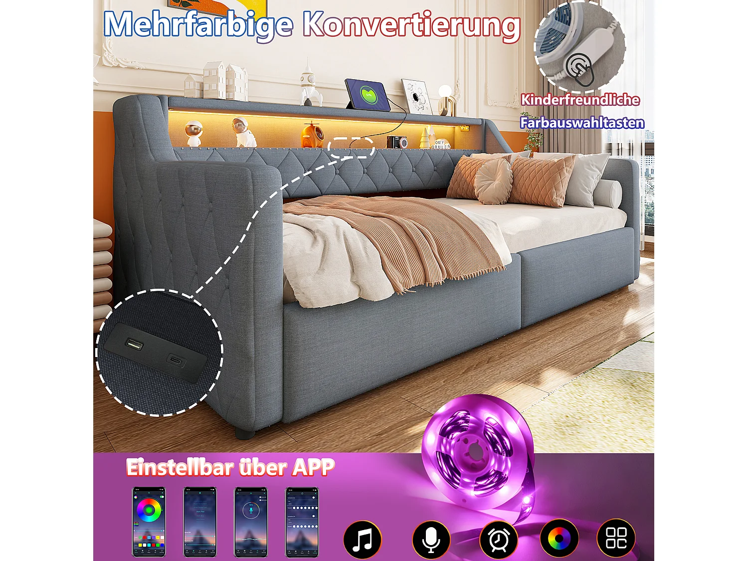90 x 200 cm storage bed with hydraulic storage, LED lighting and USB & Type-C ports - Linen + MDF - Grey (Mattress not included)
