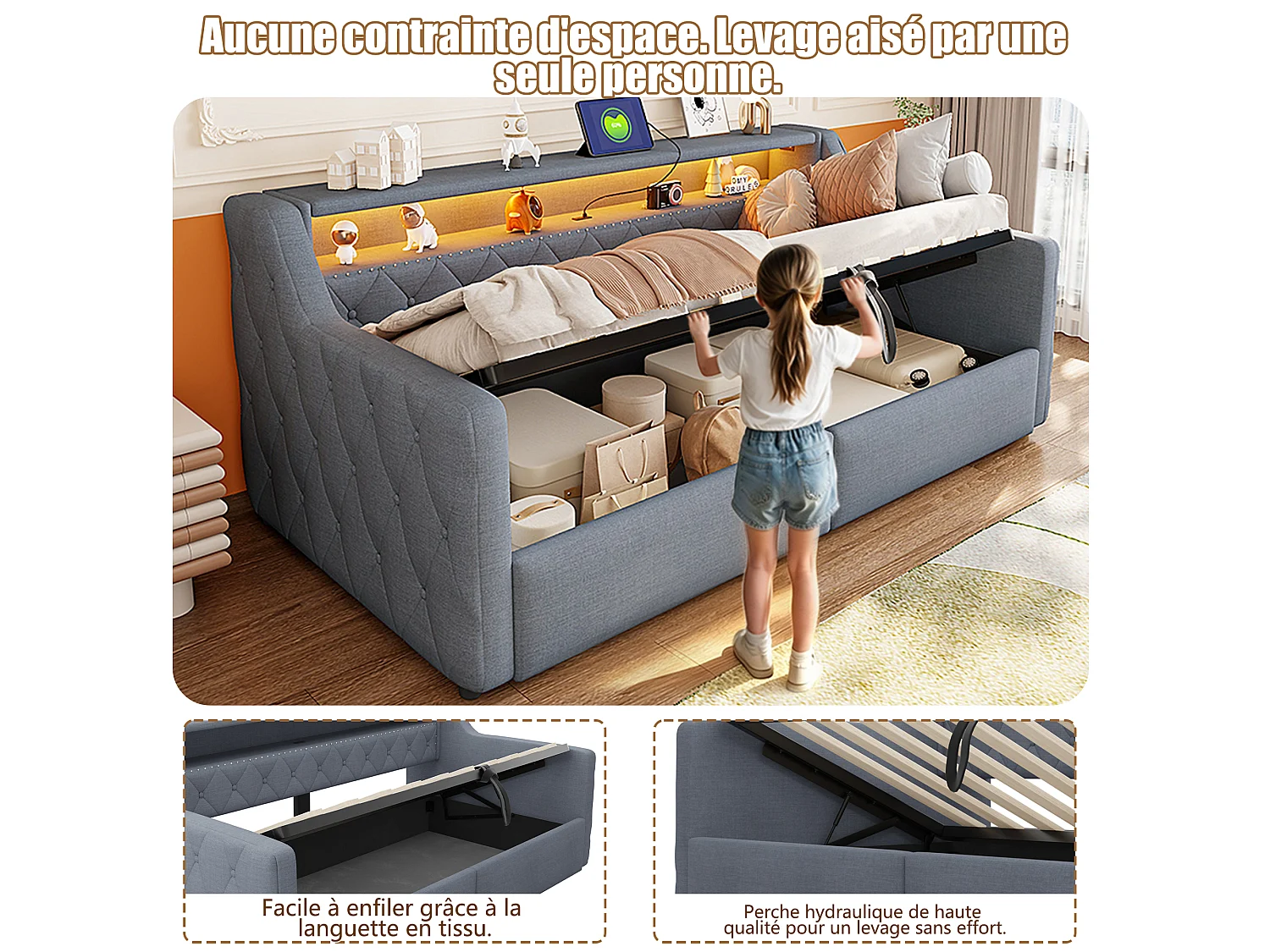90 x 200 cm storage bed with hydraulic storage, LED lighting and USB & Type-C ports - Linen + MDF - Grey (Mattress not included)