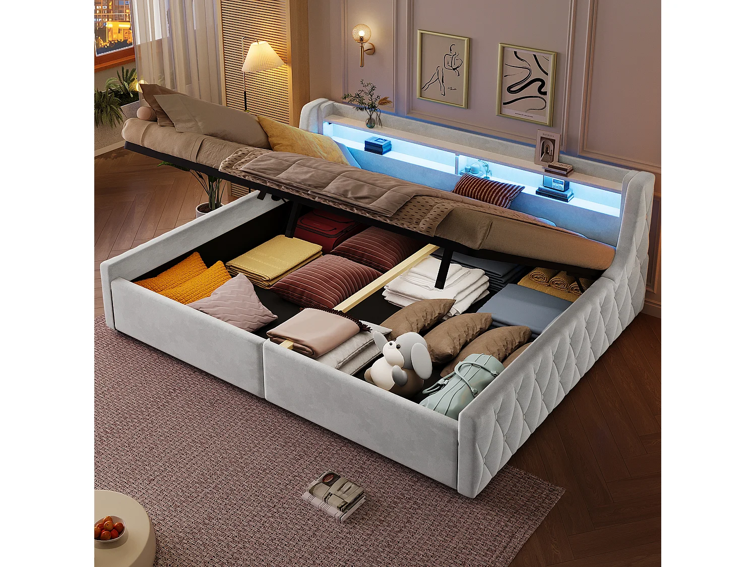Trundle bed 90 x 200 cm with hydraulic storage and RGB LED lighting - Flannel and MDF - Beige (mattress not included)