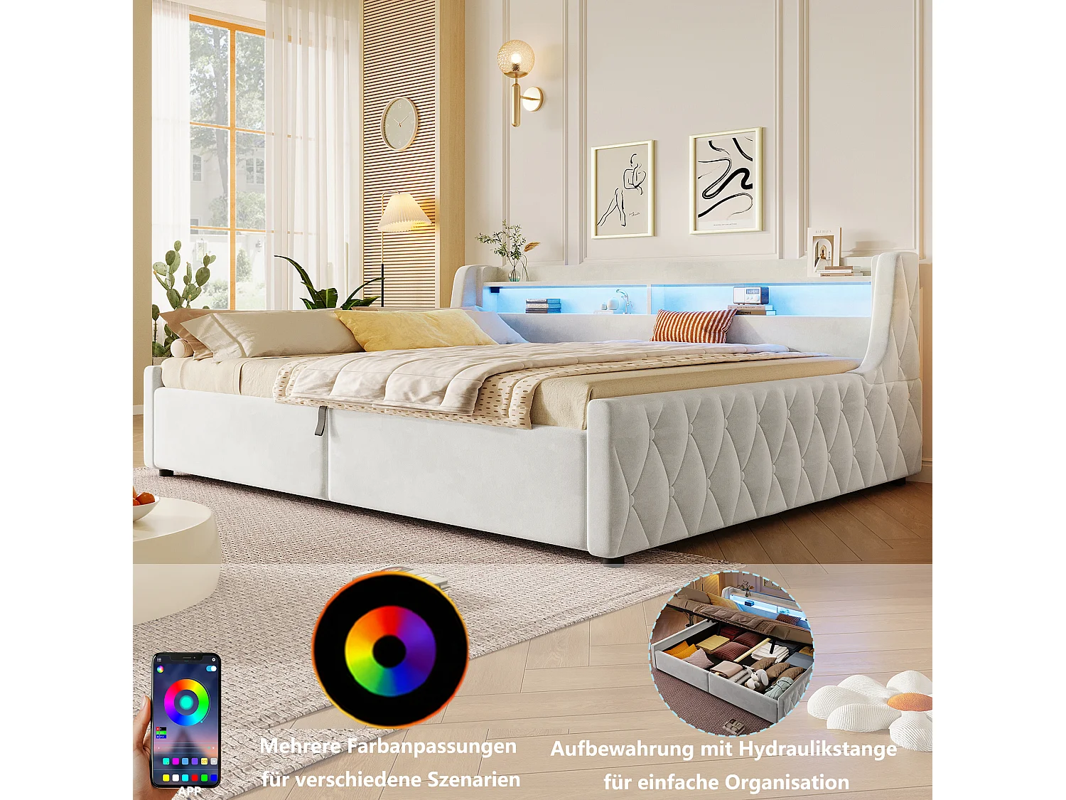 Trundle bed 90 x 200 cm with hydraulic storage and RGB LED lighting - Flannel and MDF - Beige (mattress not included)