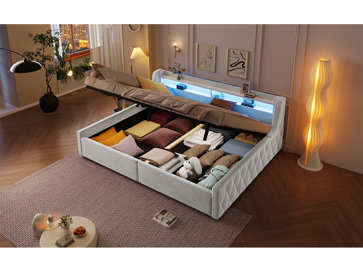 Trundle bed 90 x 200 cm with hydraulic storage and RGB LED lighting - Flannel and MDF - Beige (mattress not included)