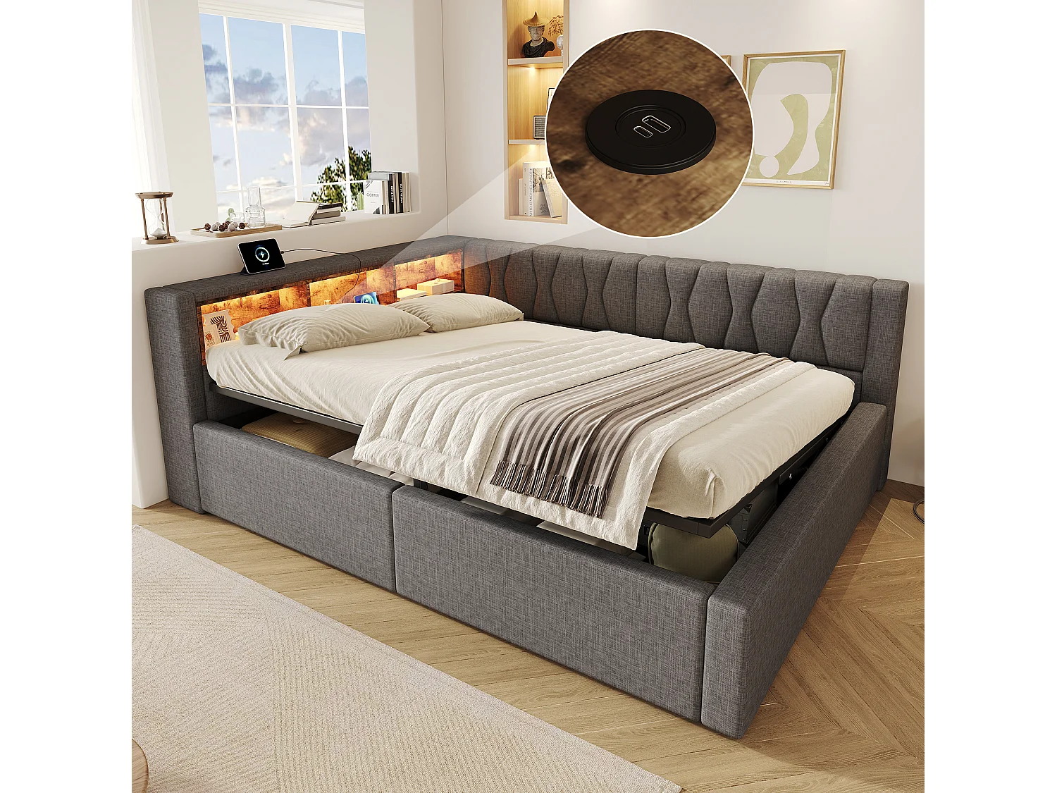 140 x 200 cm storage bed with hydraulic storage compartment, shelves, adjustable LED lighting and USB port - Linen - Grey (Mattress not included)