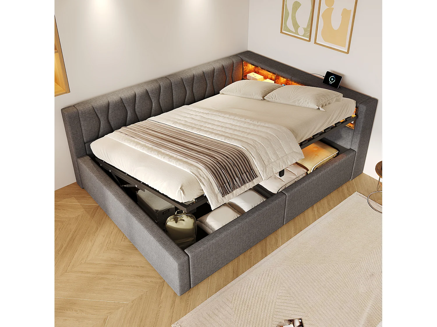 140 x 200 cm storage bed with hydraulic storage compartment, shelves, adjustable LED lighting and USB port - Linen - Grey (Mattress not included)