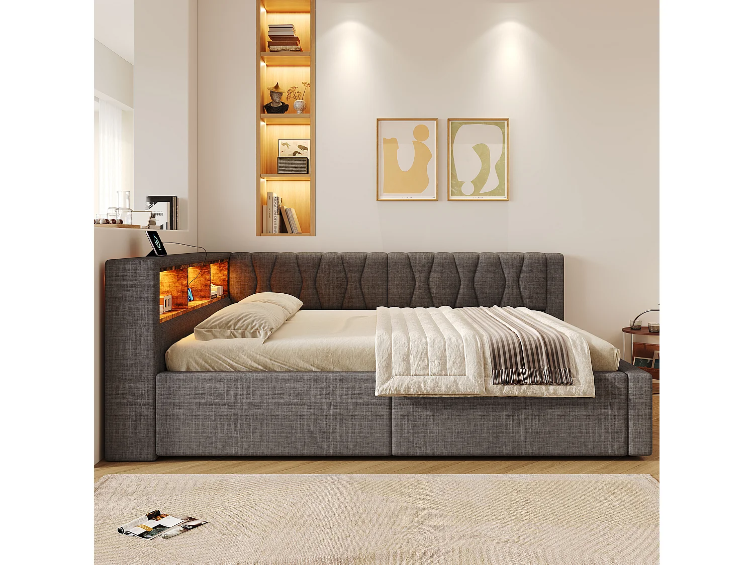140 x 200 cm storage bed with hydraulic storage compartment, shelves, adjustable LED lighting and USB port - Linen - Grey (Mattress not included)