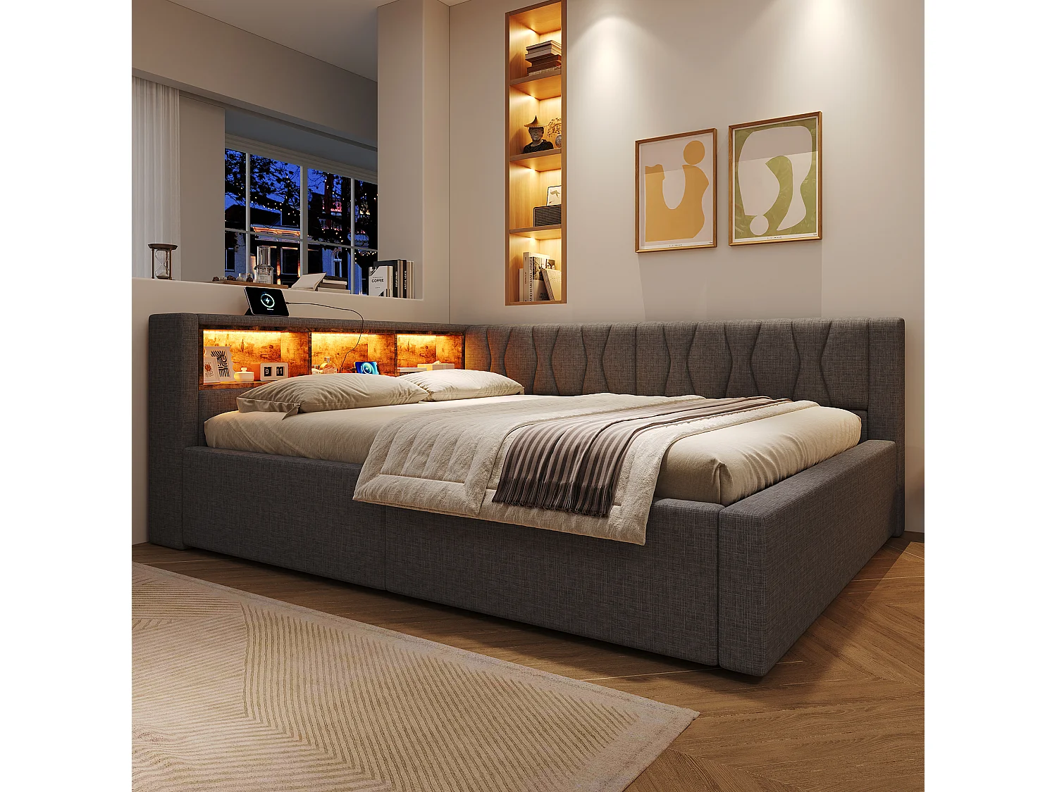 140 x 200 cm storage bed with hydraulic storage compartment, shelves, adjustable LED lighting and USB port - Linen - Grey (Mattress not included)
