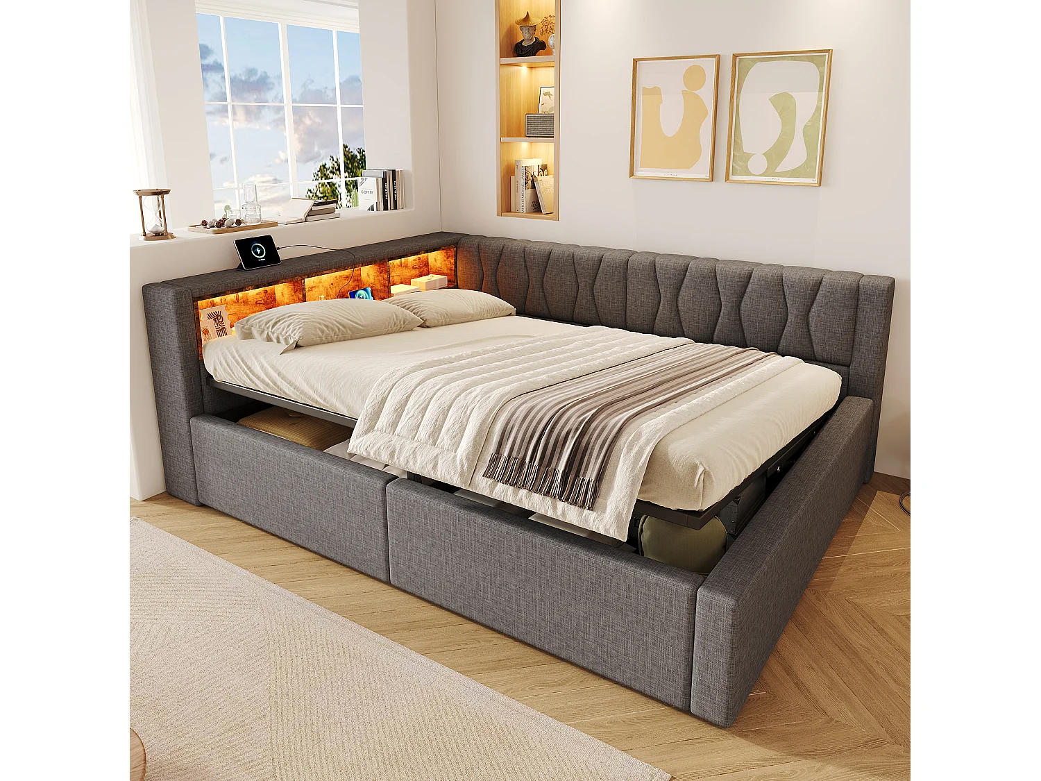 140 x 200 cm storage bed with hydraulic storage compartment, shelves, adjustable LED lighting and USB port - Linen - Grey (Mattress not included)
