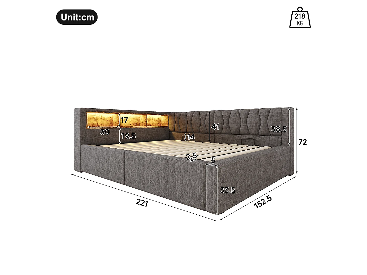 140 x 200 cm storage bed with hydraulic storage compartment, shelves, adjustable LED lighting and USB port - Linen - Grey (Mattress not included)