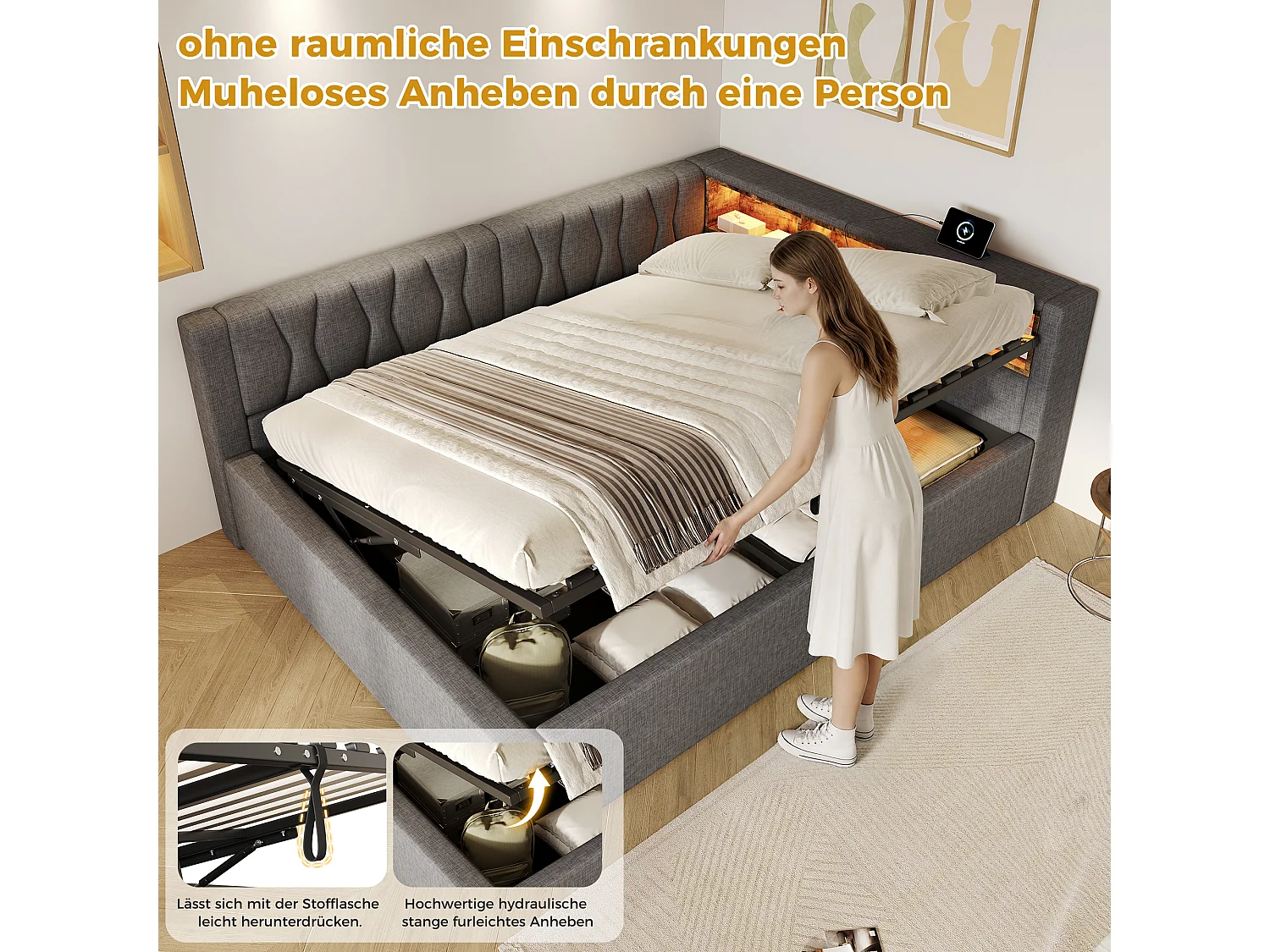 140 x 200 cm storage bed with hydraulic storage compartment, shelves, adjustable LED lighting and USB port - Linen - Grey (Mattress not included)