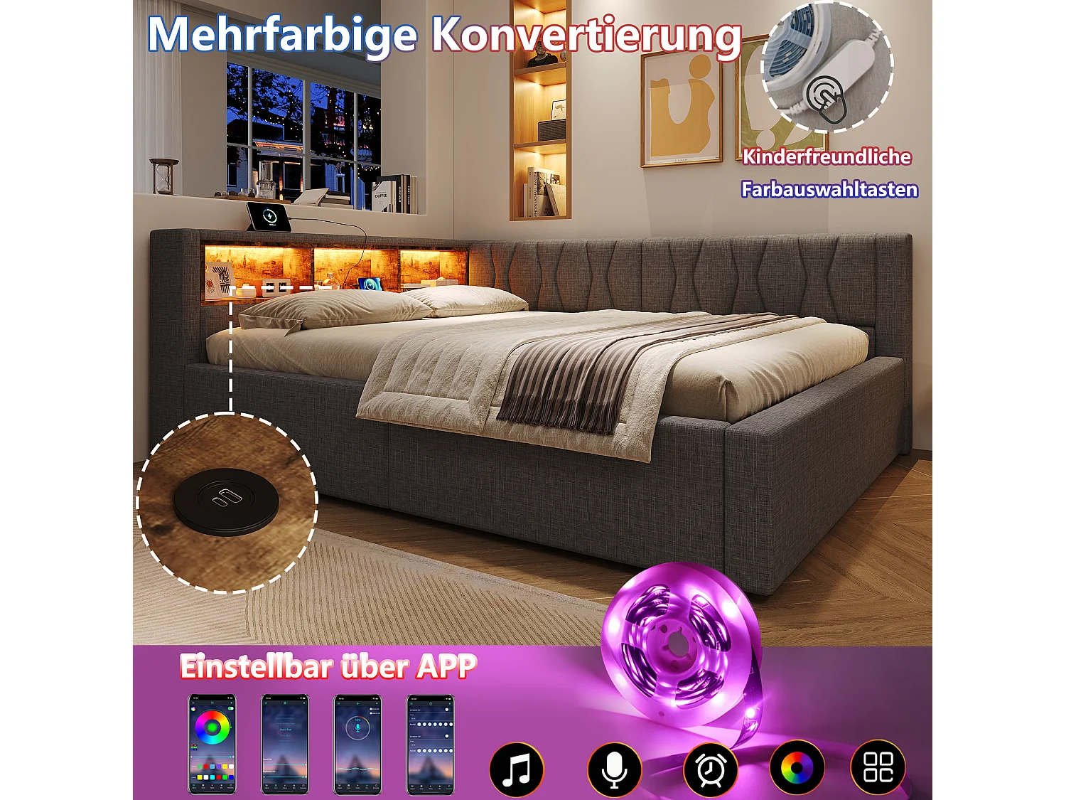140 x 200 cm storage bed with hydraulic storage compartment, shelves, adjustable LED lighting and USB port - Linen - Grey (Mattress not included)