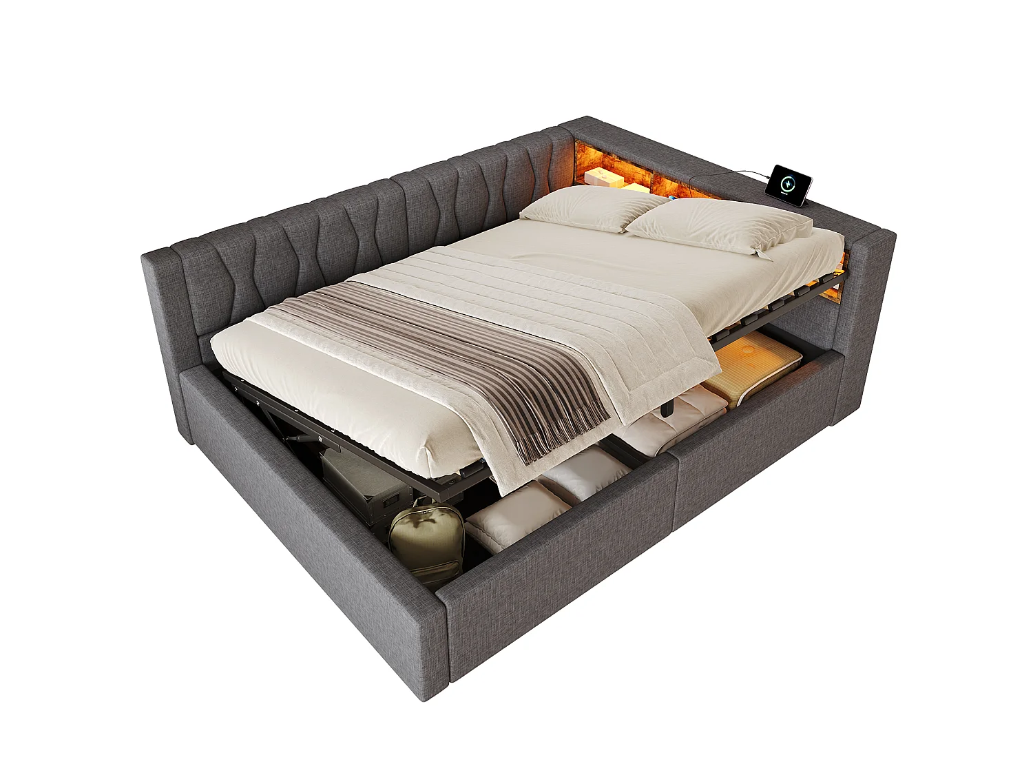 140 x 200 cm storage bed with hydraulic storage compartment, shelves, adjustable LED lighting and USB port - Linen - Grey (Mattress not included)
