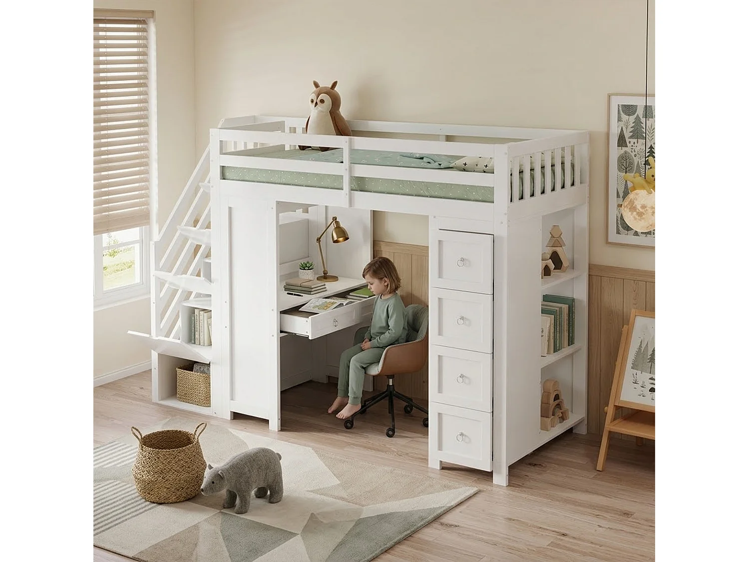 Hochbett 90 x 200 cm mit Schreibtisch, Regalen, 5 Schubladen und 4 Türen – Kiefer, MDF und Spanplatte – Weiß (Matratze nicht im Lieferumfang enthalten)