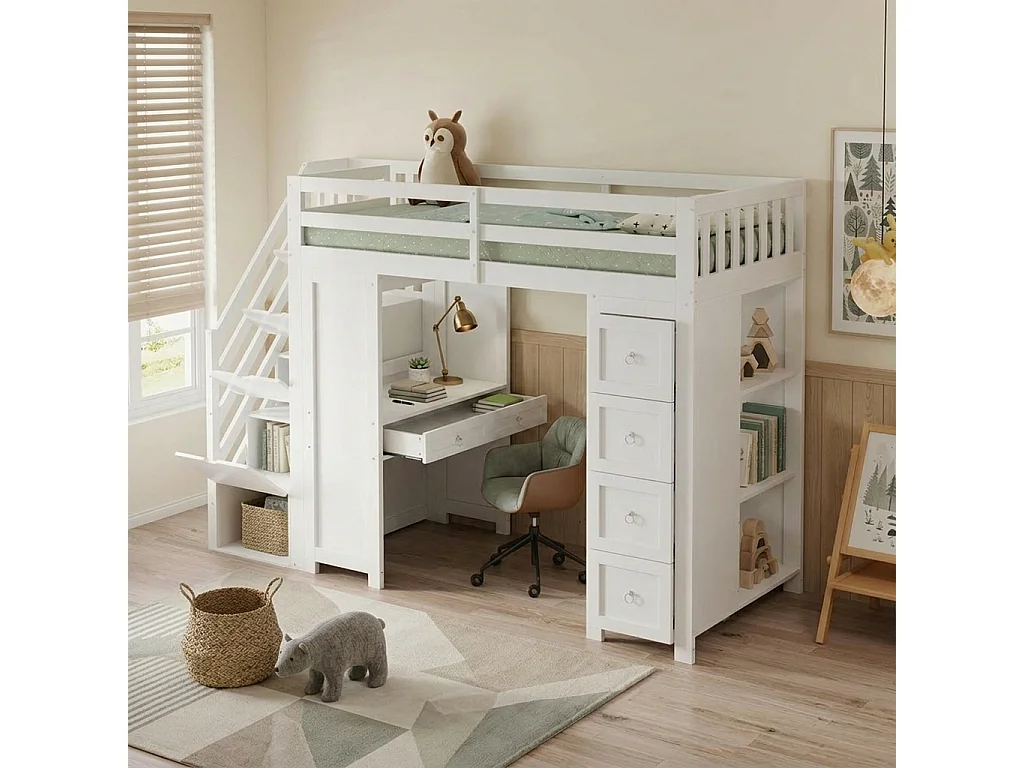 Hochbett 90 x 200 cm mit Schreibtisch, Regalen, 5 Schubladen und 4 Türen – Kiefer, MDF und Spanplatte – Weiß (Matratze nicht im Lieferumfang enthalten)