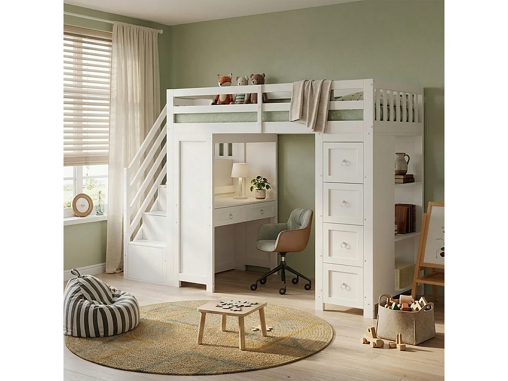 Hochbett 90 x 200 cm mit Schreibtisch, Regalen, 5 Schubladen und 4 Türen – Kiefer, MDF und Spanplatte – Weiß (Matratze nicht im Lieferumfang enthalten)