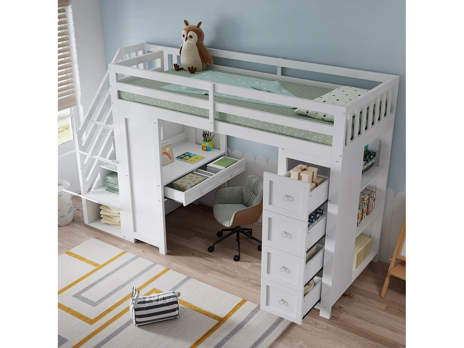 Hochbett 90 x 200 cm mit Schreibtisch, Regalen, 5 Schubladen und 4 Türen – Kiefer, MDF und Spanplatte – Weiß (Matratze nicht im Lieferumfang enthalten)