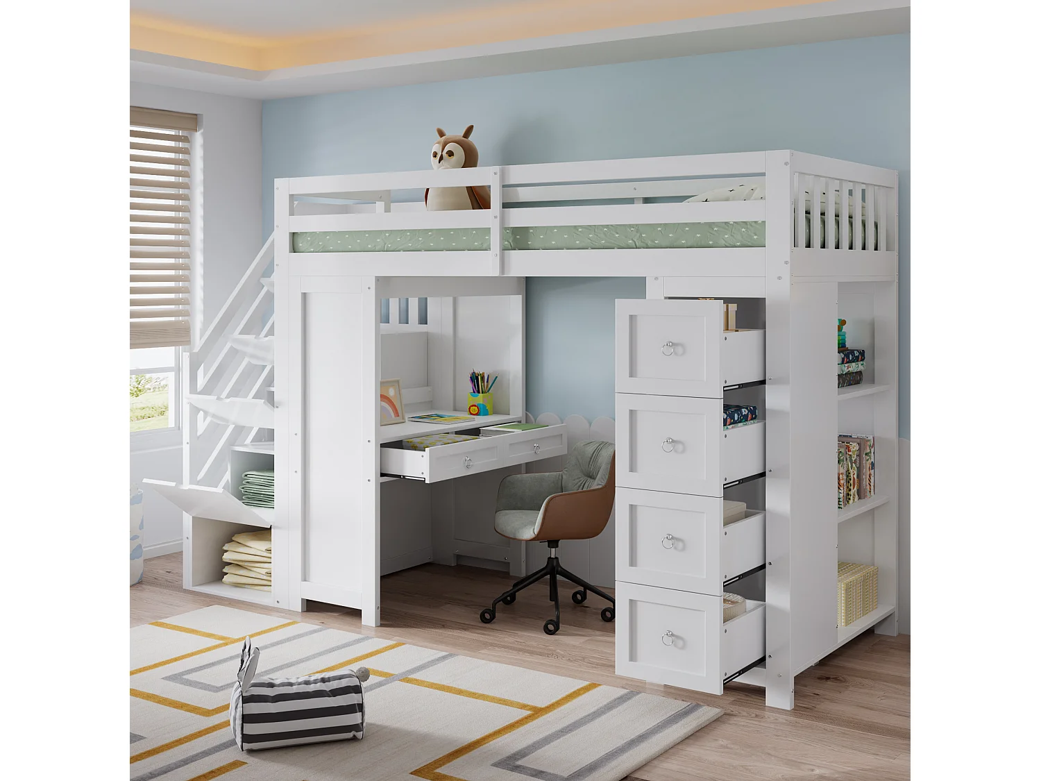 Hochbett 90 x 200 cm mit Schreibtisch, Regalen, 5 Schubladen und 4 Türen – Kiefer, MDF und Spanplatte – Weiß (Matratze nicht im Lieferumfang enthalten)