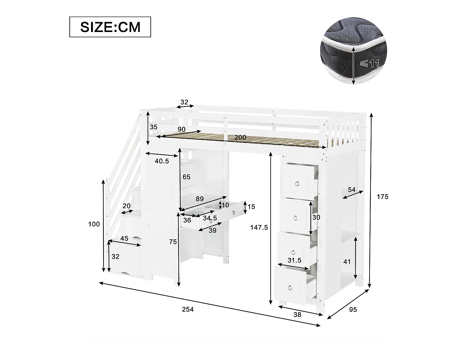Hochbett 90 x 200 cm mit Schreibtisch, Regalen, 5 Schubladen und 4 Türen – Kiefer, MDF und Spanplatte – Weiß (Matratze nicht im Lieferumfang enthalten)