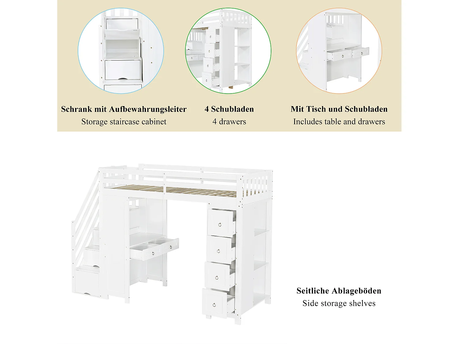 Hochbett 90 x 200 cm mit Schreibtisch, Regalen, 5 Schubladen und 4 Türen – Kiefer, MDF und Spanplatte – Weiß (Matratze nicht im Lieferumfang enthalten)