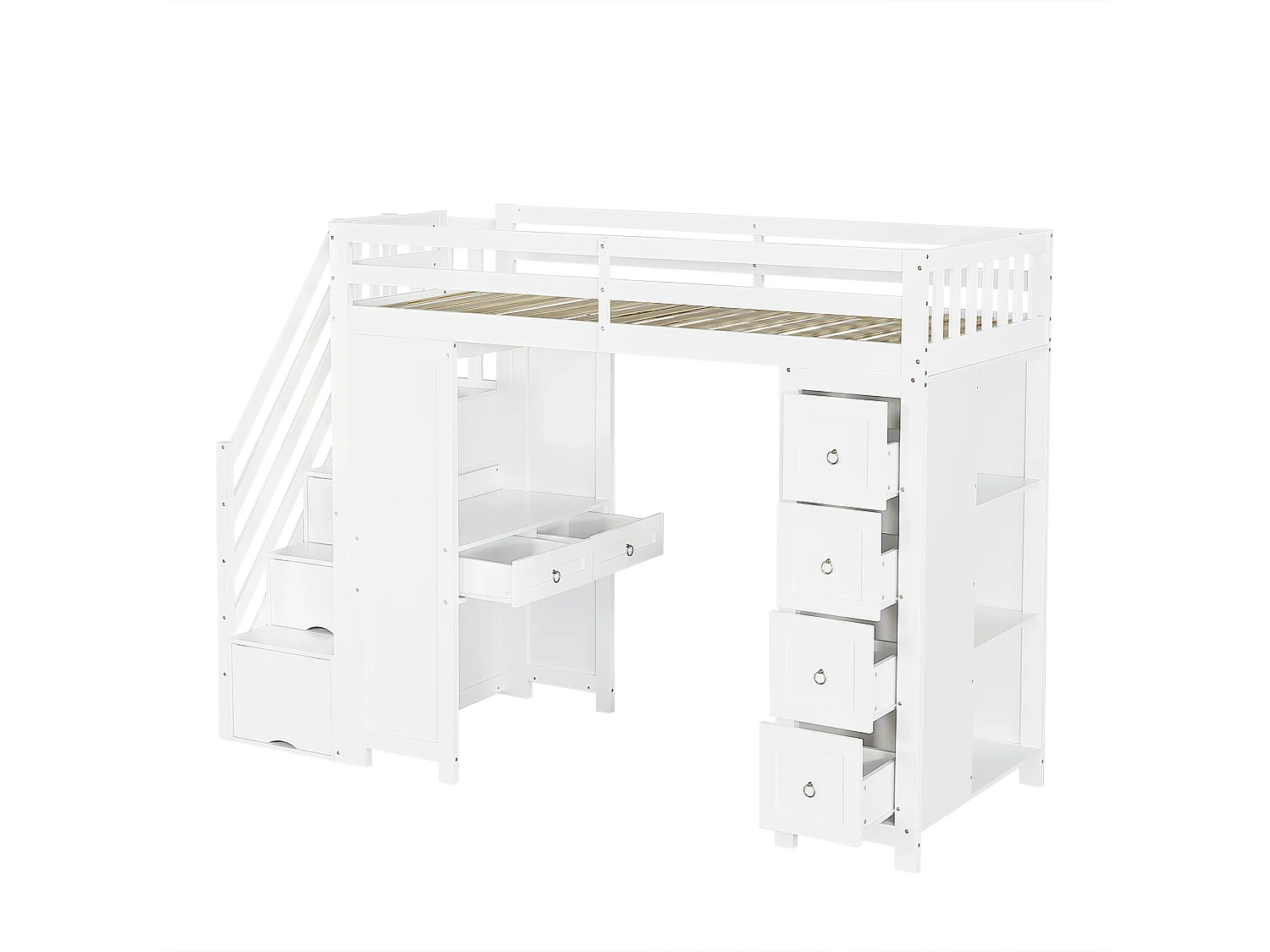 Hochbett 90 x 200 cm mit Schreibtisch, Regalen, 5 Schubladen und 4 Türen – Kiefer, MDF und Spanplatte – Weiß (Matratze nicht im Lieferumfang enthalten)